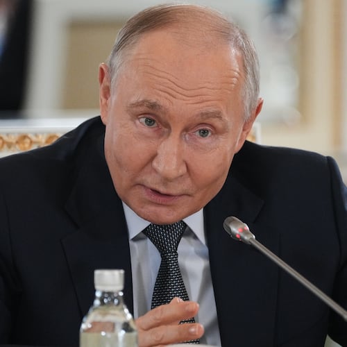 Russian President Vladimir Putin speaks to representatives of international news agencies on the sidelines of the St. Petersburg International Economic Forum at the Constantine Palace in St. Petersburg, Russia, on Thursday, June 4, 2026. (AP Photo/Dmitri Lovetsky, Pool)