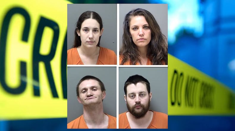 (top, left to right) Amber Higginbotham and Crystal Hobbs faces charges in connection with a drug bust at a Cherokee County storage facility. (bottom, left to right) George Porter IV and Robert Tanner IV were arrested, too.