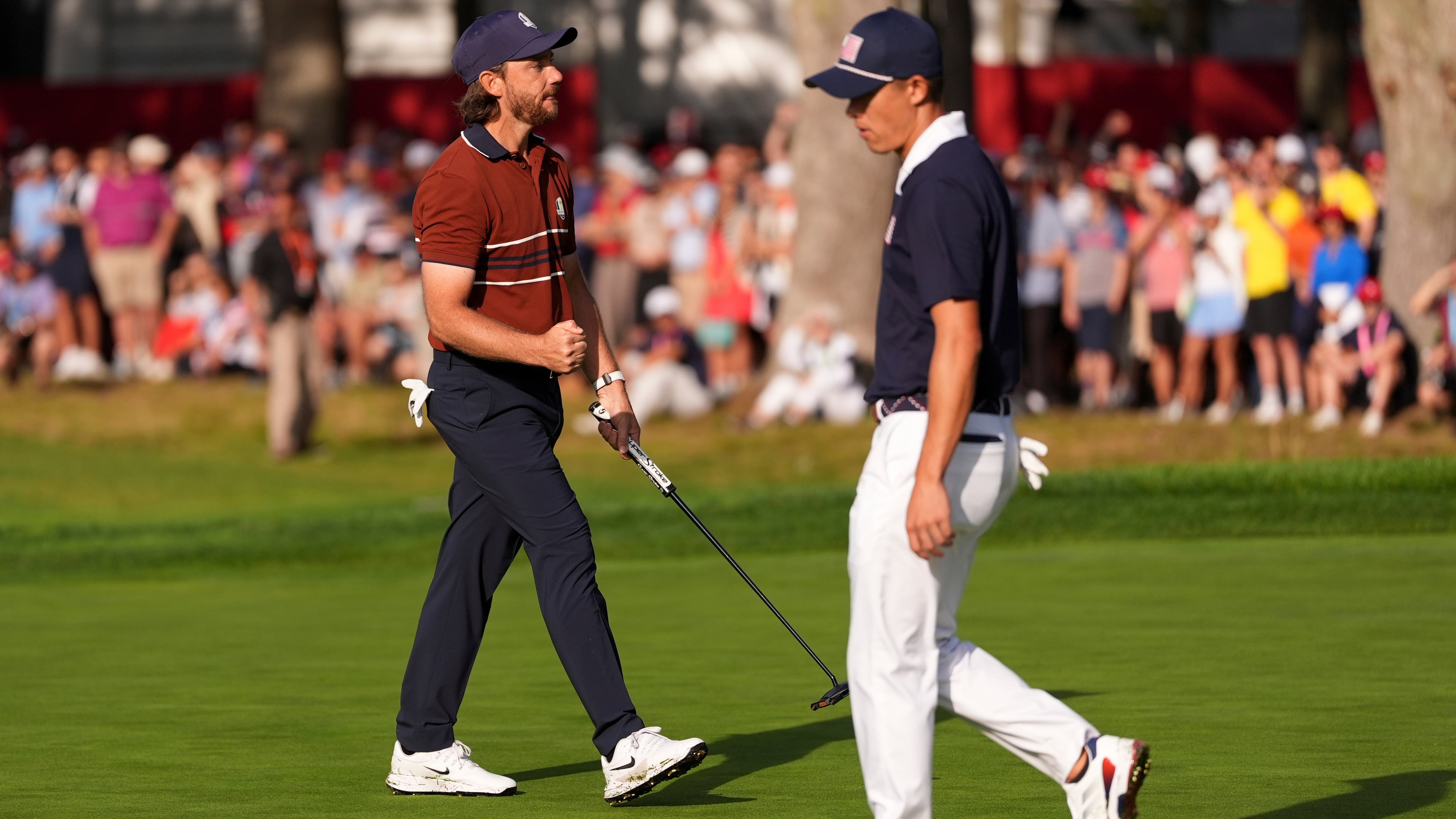 Europe's Tommy Fleetwood celebrates after a putt on the seventh hole at Bethpage Black golf course during the Ryder Cup golf tournament, Saturday, Sept. 27, 2025, in Farmingdale, N.Y. (AP Photo/Lindsey Wasson)