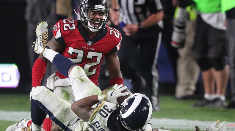 January 6, 2018 Los Angeles: Falcons safety Keanu Neal reacts to leveling Rams running back Todd Gurley with a hard hit during the second half in their NFL Wild Card Game on Saturday, January 6, 2018, in Los Angeles. Curtis Compton/ccompton@ajc.com