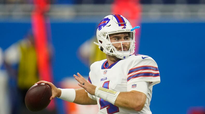 Buffalo Bills quarterback Jake Fromm throws during warmups before the first half of a preseason NFL football game, Friday, Aug. 13, 2021, in Detroit. (AP Photo/Paul Sancya)