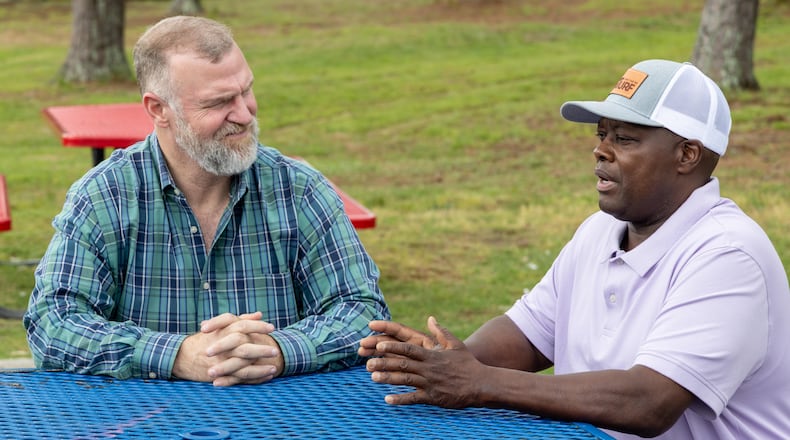 Randy Simpkins (left) & Russell Dallas chat at Hunter Park in Douglasville. Simpkins, a pastor & businessman from Carrollton, never met Dallas of Douglasville before he committed to being tested to be a kidney donor for Dallas. The transplant team at Piedmont Atlanta was ecstatic when they found SimpkinsÕ kidney was a Òmiraculous match!Ó  PHIL SKINNER FOR THE ATLANTA JOURNAL-CONSTITUTION