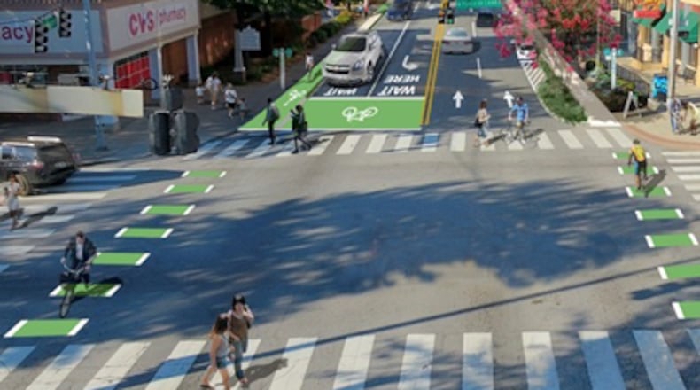Commerce Drive and West Ponce de Leon Avenue in Decatur looking north on Commerce with protected bike lanes. The final phase of this nearly year-long project begins this week. Courtesy City of Decatur