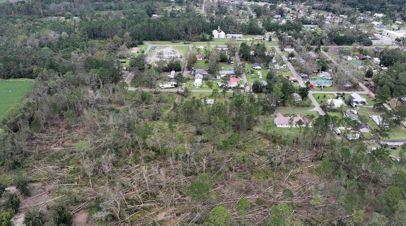 Aerial photo show fallen trees caused by Hurricane Helene in Alapaha, Tuesday, Oct,1, 2024. While Valdosta and Augusta are two epicenters of Helene's damage, some of the most serious fallout took place in far smaller towns and settlements.(Hyosub Shin / AJC)