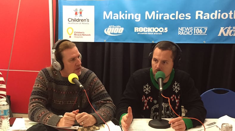 "Southside" Steve Rickman and Jason Bailey at the helm during the Children's Healthcare Radiothon. CREDIT: Rodney Ho/ rho@ajc.com