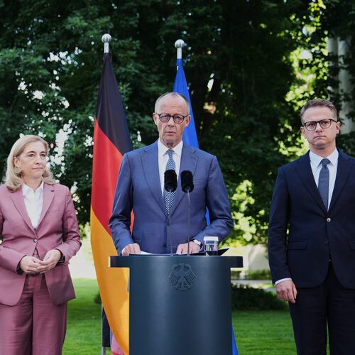 From left: Federal Chancellor Friedrich Merz arrives with Philipp Amthor, Nina Warken and Carsten Linnemann and for statement about planned personnel changes in his government at the chancellery in Berlin, Germany, Friday, July 24, 2026. (AP Photo/Markus Schreiber)