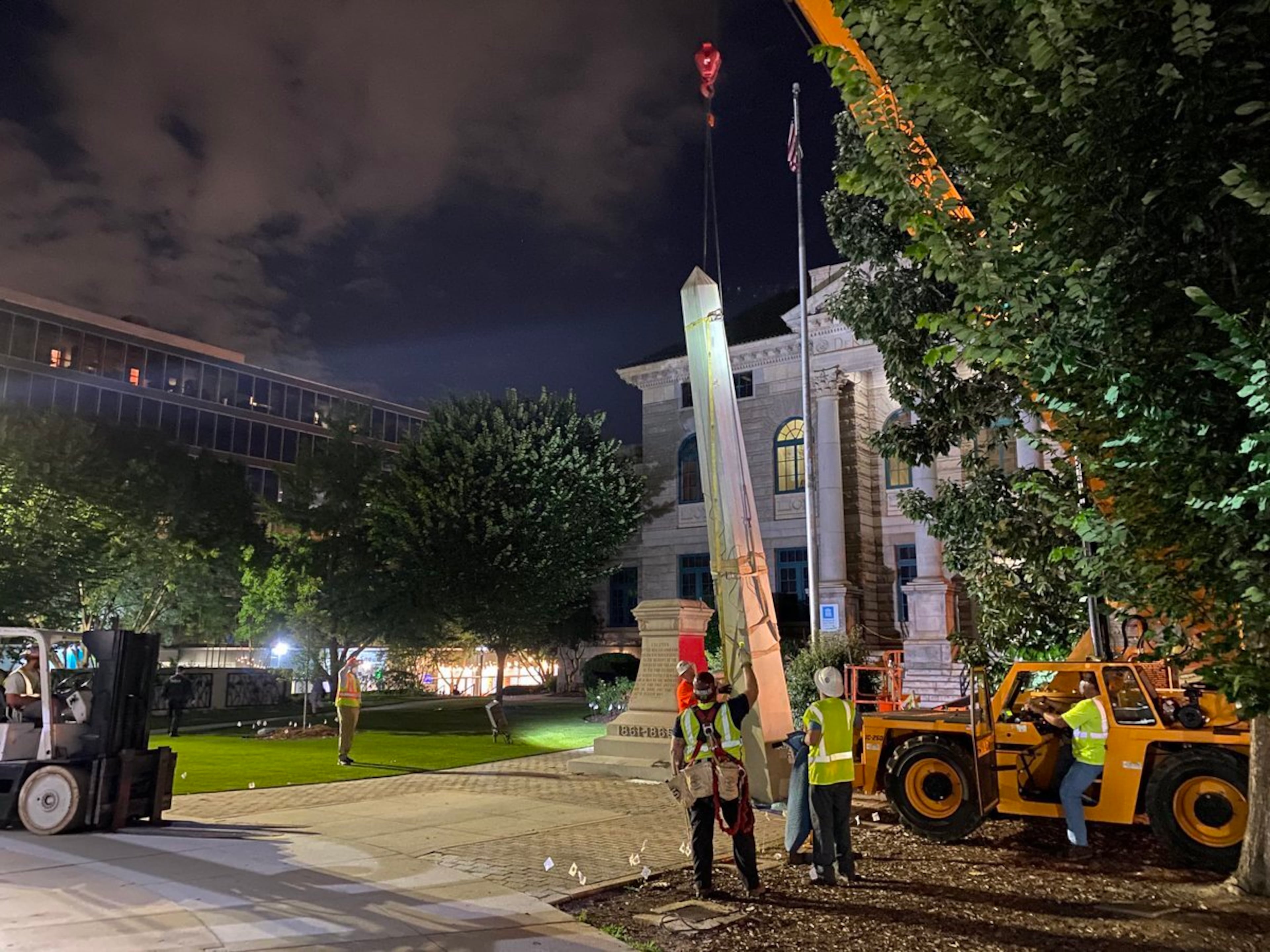 The Confederate obelisk in downtown Decatur was removed from its pedestal June 18, 2020. (Amanda Coyne/ajc)