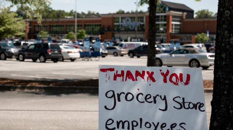 A sign thanks employees outside of the Kroger on Lawrenceville Highway in Tucker on Wednesday afternoon April 15, 2020. Ben@BenGray.com for The Atlanta Journal-Constitution