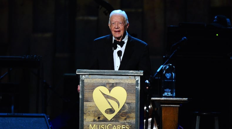 President Jimmy Carter speaks on stage at the 2015 MusiCares Person of the Year show at the Los Angeles Convention Center on Friday, Feb. 6, 2015, in Los Angeles. He received his 10th Grammy nomination on Nov. 8, 2024. (Photo by Vince Bucci/Invision/AP)