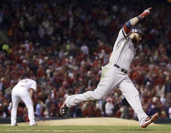 Boston Red Sox's Jonny Gomes celebrates his three-run home run off St. Louis Cardinals relief pitcher Seth Maness, left, during the sixth inning of Game 4 of baseball's World Series Sunday, Oct. 27, 2013, in St. Louis. (AP Photo/Jeff Roberson) ** Usable by LA and DC Only ** Jonny Gomes helped the Red Sox win the 2013 World Series -- and have a lot of fun along the way. (AP photo)