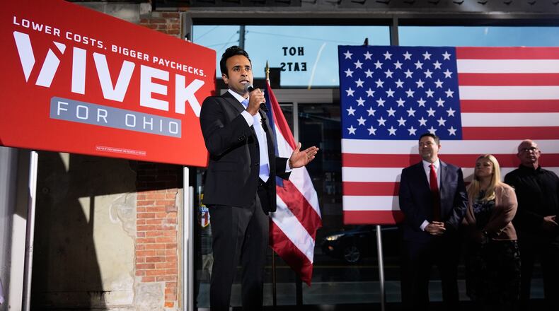 Republican Ohio gubernatorial candidate Vivek speaks during a watch party at the Spruce St. Sporting sports bar after winning the party's nomination for governor Tuesday, May 5, 2026, in Columbus. (AP Photo/Carolyn Kaster)
