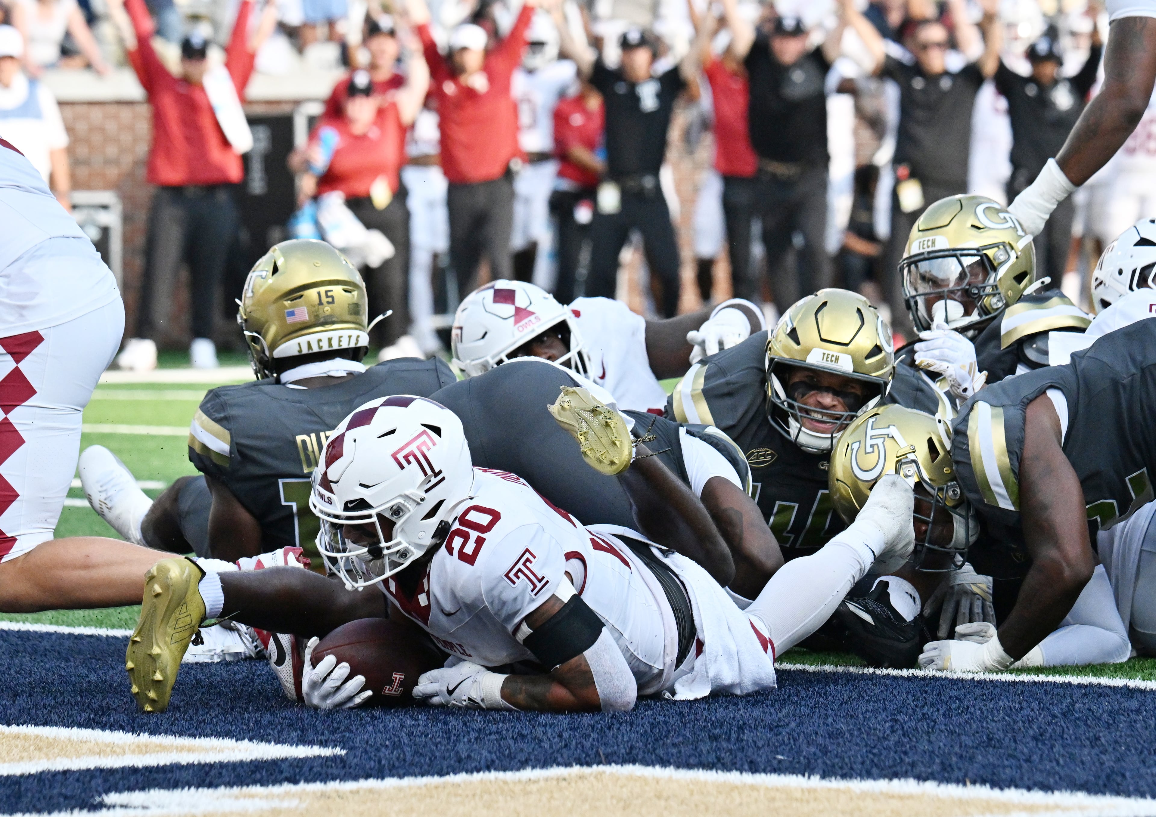 Temple running back Jay Ducker falls into the end zone to score a touchdown during the first half of an NCAA college football game at Georgia Tech's Bobby Dodd Stadium, Saturday, Sept. 20, 2025 in Atlanta. (Hyosub Shin/AJC)
