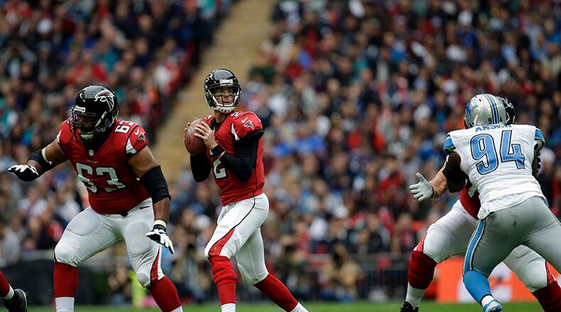 The Falcons' offense gained 4 or more yards on eight of 14 chances in the first half of their 22-21 loss to the Detroit Lions in London.