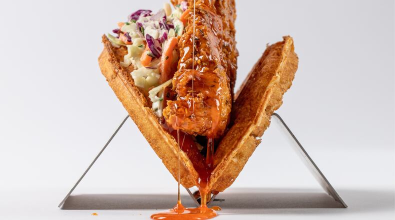 A chicken and waffle sandwich from Bruxie, set to open in Chamblee in early 2024. / Courtesy of Bruxie