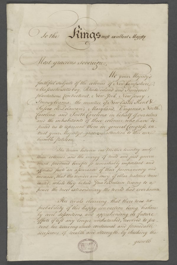 This image provided by The New York Public Library shows a document known as the "Olive Branch Petition," asking King George III to restore harmony between Britain and the American colonies, ratified on July 5, 1775. (The New York Public Library via AP)