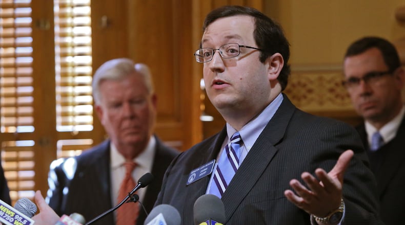 January 28, 2015 - Atlanta - Senator Josh McKoon speaks in favor of the bill. He joined Georgia Baptist Convention leaders and Ministers supporting of the bill. Georgia Baptists had dueling messages Wednesday at the Capitol, one backing the "religious freedom" bill and one against. Each side held their own press conference. BOB ANDRES / BANDRES@AJC.COM Josh McKoon, then-chairman of the Senate Judiciary Committee speaking in favor of his "religious liberty" bill in 2015. Bob Andres, bandres@ajc.com