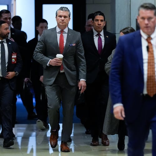 Defense Secretary Pete Hegseth arrives to brief members of Congress on military strikes near Venezuela, Tuesday, Dec. 16, 2025, at the Capitol in Washington. (AP Photo/Julia Demaree Nikhinson)