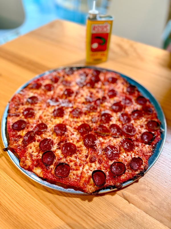 Pepperoni bar pie from Brainwave Pizza in Decatur. (Angela Hansberger for The Atlanta Journal-Constitution)