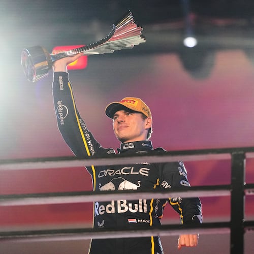 First place finisher Red Bull driver Max Verstappen of the Netherlands celebrates after the Formula One Las Vegas Grand Prix auto race, Saturday, Nov. 22, 2025 in Las Vegas. (AP Photo/Eric Gay)