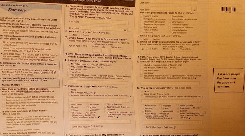 A woman looks through a 2010 census form March 18, 2010 in Brooklyn, New York. The Census Bureau mailed a questionnaire to 134 million US households with 10 questions. Sent out every ten years, the form is one of the shortest in the history of the population count dating back to 1790. The census was established in the Constitution with the aim to ensure that the people have a fair voice in the government. It is also used to allocate Federal aid to states and draw electoral districts. Many citizens consider it an invasion of their privacy. (Photo by Robert Nickelsberg/Getty Images)