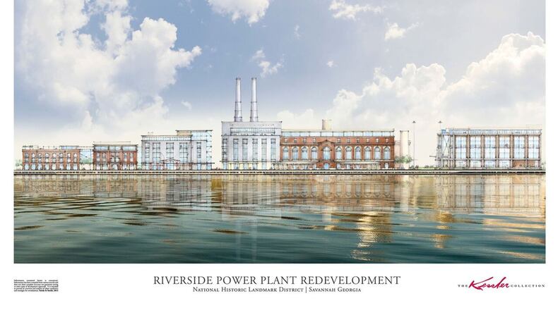A rendering of the $250 million Plant Riverside District in Savannah, a mixed-use development along the Savannah River and the city’s historic Riverfront, that is expected to include two hotels, restaurants, bars, a gallery, rooftop event space and a spa. Rendering courtesy of The Kessler Collection
