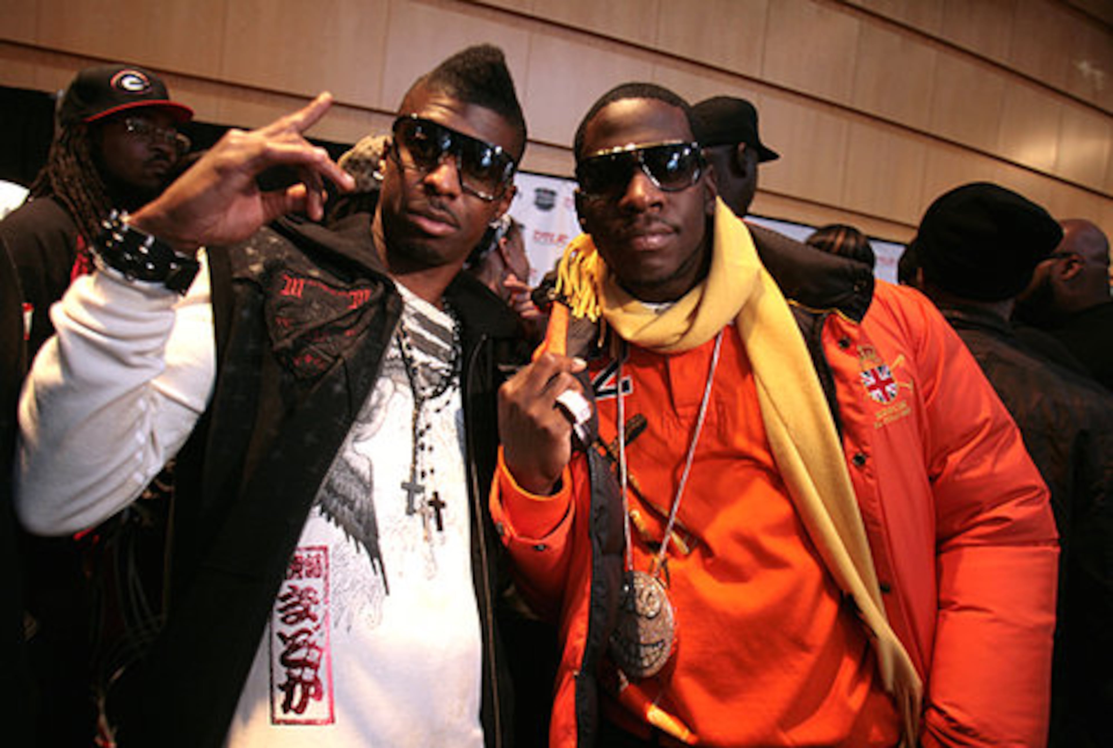 Grand Hustle artists Yung LA (left) and Young Dro pose on the black carpet before the start of the Dirty Awards. (Jessica McGowan/AJC)
