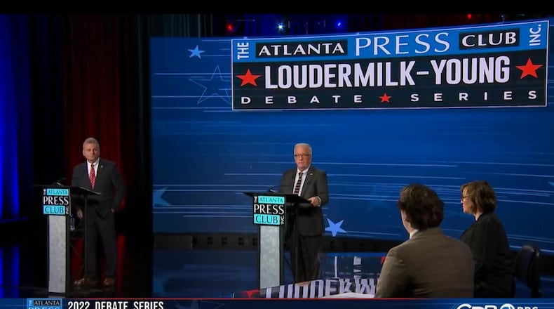 Republican U.S. Rep. Buddy Carter, left, and Democrat Wade Herring -- the candidates in Georgia's 1st Congressional District, participated Tuesday in the Atlanta Press Club's Loudermilk-Young Debate Series. Screenshot via Atlanta Press Club Facebook page.