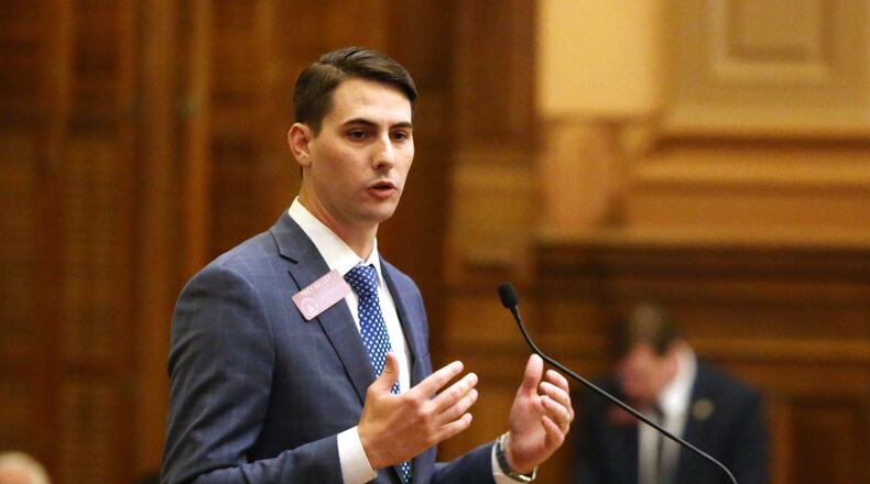 State Rep. Trey Kelley — a Republican who serves as the House majority whip — speaks at the Georgia Capitol in Atlanta on April 2, 2019. (EMILY HANEY / emily.haney@ajc.com)