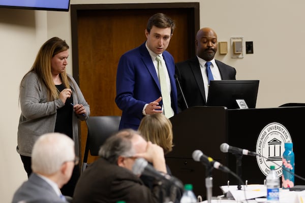 State Elections Director Blake Evans speaks to the audience during a State Election Board meeting at Mercer University. (Miguel Martinez/AJC 2023)