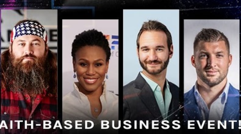 Appearing in person, among the speakers for the Life Surge business event will be (l-r) Willie Robertson, Priscilla Shirer, Nick Vujicic and Tim Tebow at the Cobb Energy Performing Arts Centre on Aug. 20. (Courtesy of Life Surge)