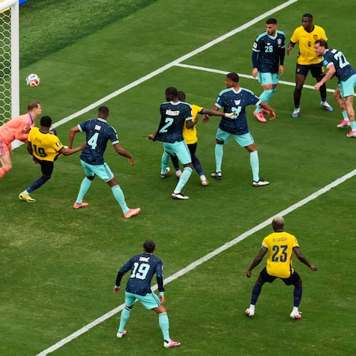 Ecuador's Gonzalo Plata (19) scores a go-ahead goal on Germany goalkeeper Manuel Neuer during the World Cup Group E soccer match in East Rutherford, N.J., near New York, Thursday, June 25, 2026. (AP Photo/Seth Wenig)
