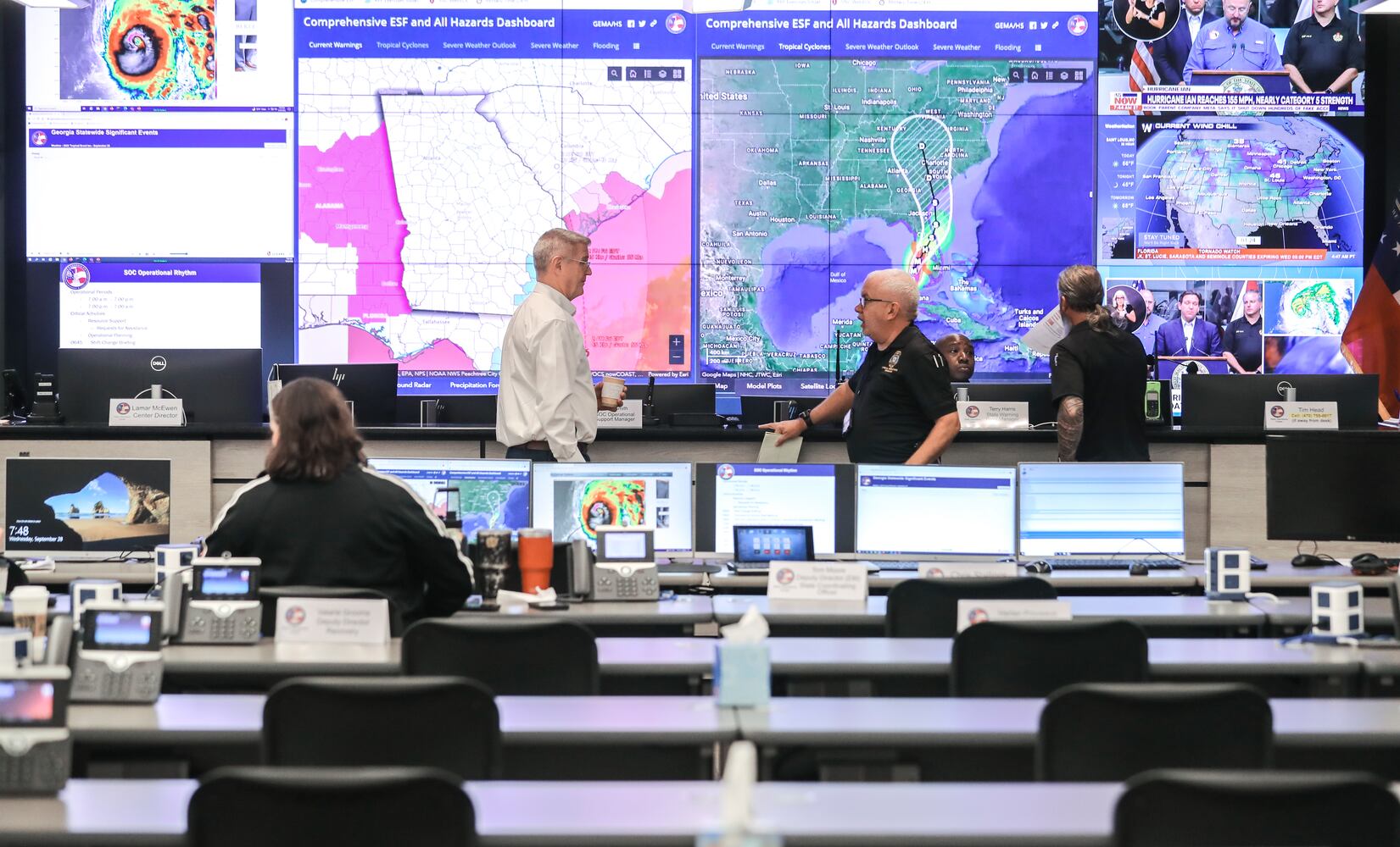Gov. Brian Kemp touring the GEMA facility on Wednesday, Sept. 28, 2022 urged Georgians to take caution as Hurricane Ian gains intensity off the western coast of Florida, threatening to bring torrential rain, dangerous storm surges and sweeping winds to the state this week.  Kemp said the state is preparing for an influx of evacuees from Florida, though he said there hasn’t been a significant traffic boost yet. "We are prepared. We are ready. We are continuing to watch,” said Kemp. (John Spink / John.Spink@ajc.com)

