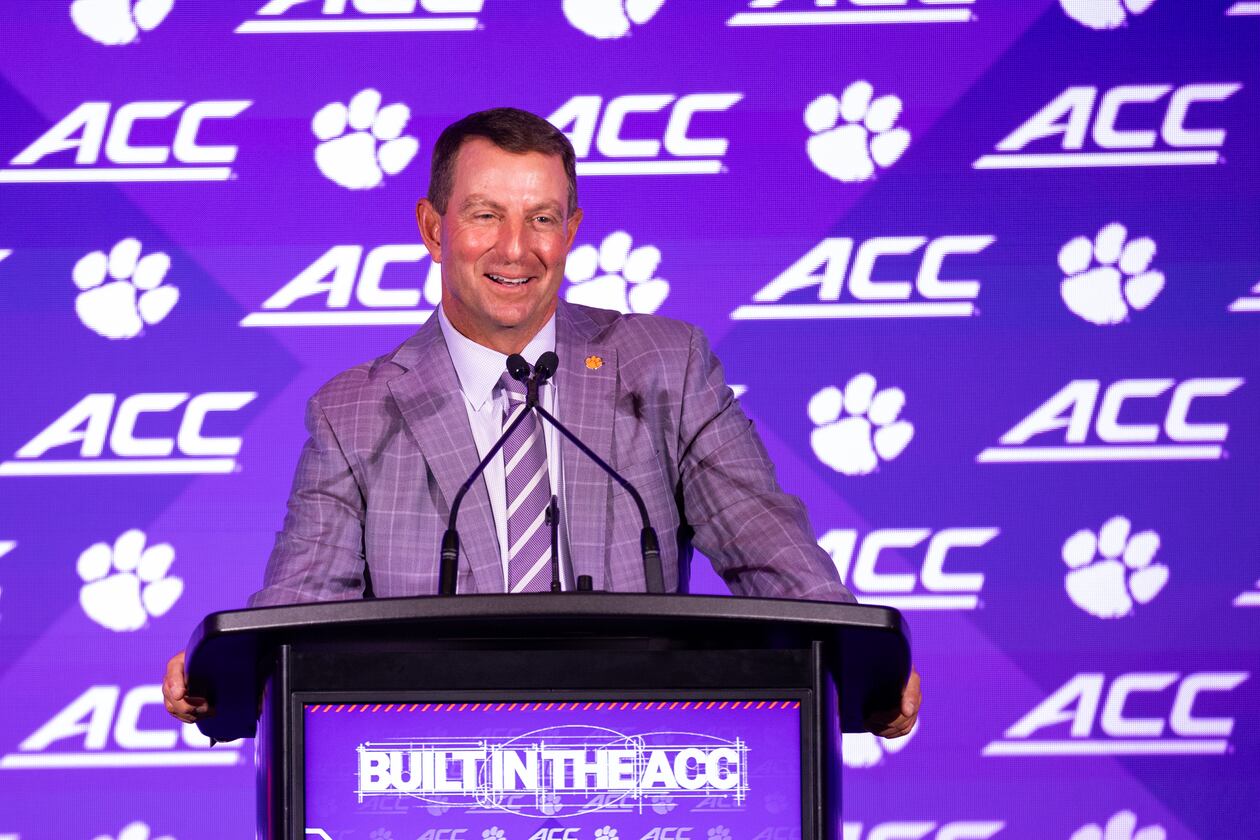 Clemson head coach Dabo Swinney speaks with the media at the 2026 ACC Football Kickoff at Hilton Uptown Charlotte in Charlotte, N.C. (Scott Kinser/Cal Sport Media via AP Images)