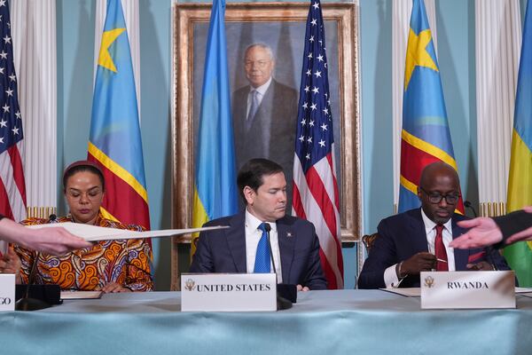 Secretary of State Marco Rubio hosts a Declaration of Principles signing ceremony with Congo's Foreign Minister Therese Kayikwamba Wagner, left, and Rwanda's Foreign Minister Olivier Nduhungirehe, right, Friday, April 25, 2025, at the State Department in Washington. (AP Photo/Jacquelyn Martin)