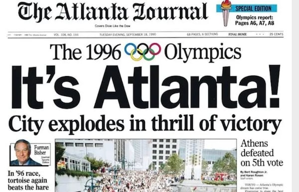 The historic "It's Atlanta!" that appeared in the Sept. 18, 1990 edition of the Atlanta Journal announcing that the city had won the 1996 Olympics.