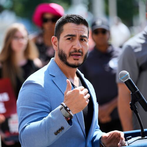 Democratic nominee for U.S. Senate Abdul El-Sayed speaks at a news conference at the base of the Spirit of Detroit monument in Detroit, Wednesday, Aug. 19, 2026. (AP Photo/Paul Sancya)