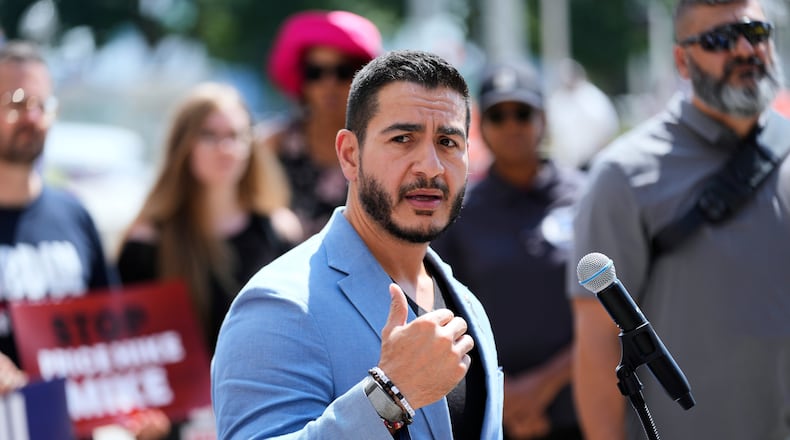 Democratic nominee for U.S. Senate Abdul El-Sayed speaks at a news conference at the base of the Spirit of Detroit monument in Detroit, Wednesday, Aug. 19, 2026. (AP Photo/Paul Sancya)
