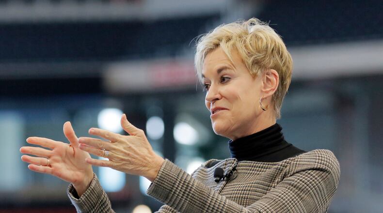 11/16/17 - Atlanta - Metro Atlanta Chamber President and CEO Hala Moddelmog addresses her organization’s annual meeting on Thursday on the field at Mercedes-Benz Stadium. Speakers included Intercontinental Exchange CEO Jeff Sprecher, Russell Stokes, the CEO of GE Power, Arthur Blank, Steve Cannon, Mayor Kasim Reed and David Abney, Chairman and CEO of UPS. BOB ANDRES /BANDRES@AJC.COM
