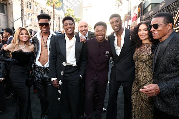 (L-R) La Toya Jackson, Tre' Horton, Joseph David-Jones, KeiLyn Durrel Jones, Rhyan Hill, Jamal Henderson, Jessica Sula and Jackie Jackson attend Lionsgate's "Michael" Los Angeles premiere at Dolby Theatre on April 20, 2026 in Los Angeles.  (Kevin Mazur/Getty Images for Lionsgate)