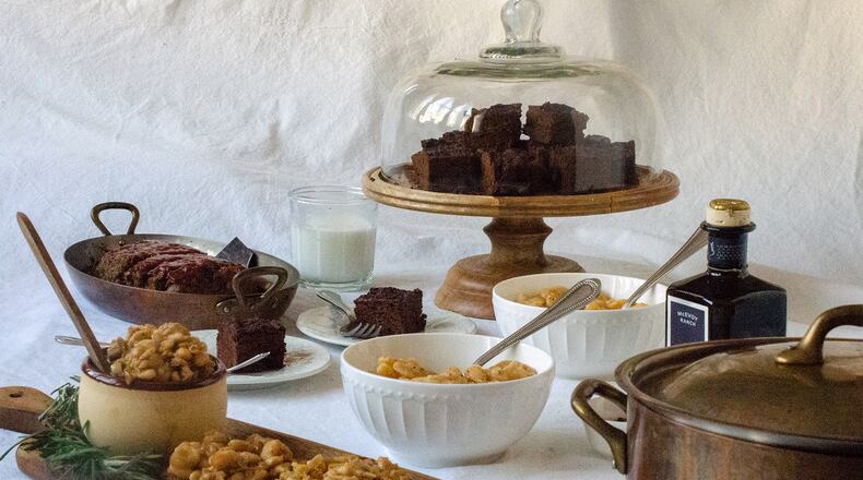 When you embrace the use of beans in your cooking, you can make scrumptious and nutritious dishes without spending too much: (clockwise from upper right) Black Bean Brownies, Lima Bean Soup, White Bean Toast, and Lentil Loaf. (Virginia Willis for The Atlanta Journal-Constitution)