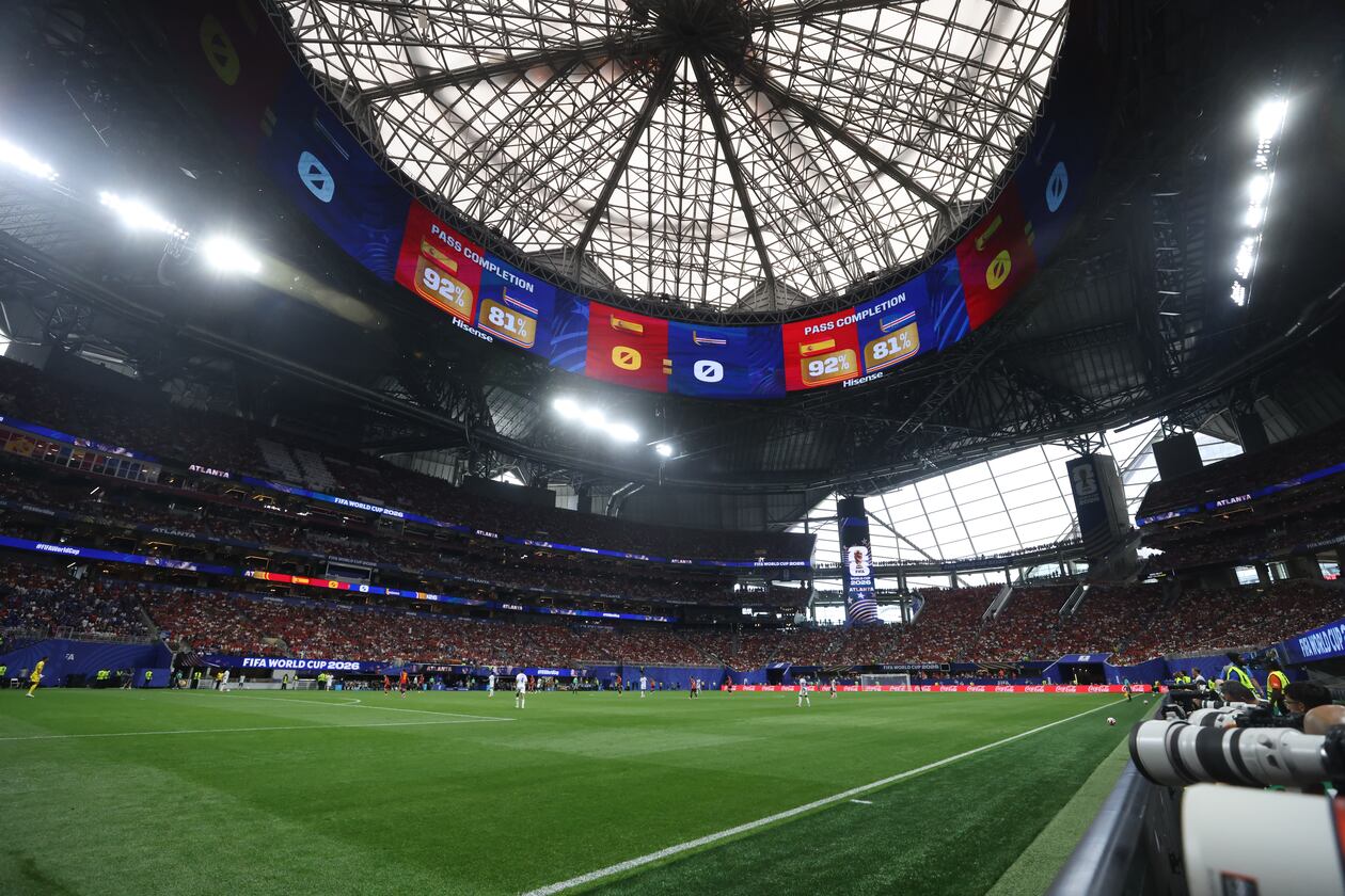 First half stats displayed on the screen tduring first half of Spain vs. Cape Verde Group H match at Atlanta Stadium (Mercedes-Benz Stadium) on Monday, June 15, 2026. (Jason Getz/AJC)