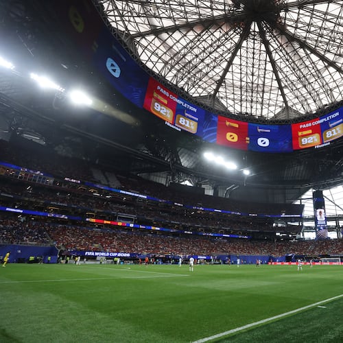 First half stats displayed on the screen tduring first half of Spain vs. Cape Verde Group H match at Atlanta Stadium (Mercedes-Benz Stadium) on Monday, June 15, 2026. (Jason Getz/AJC)