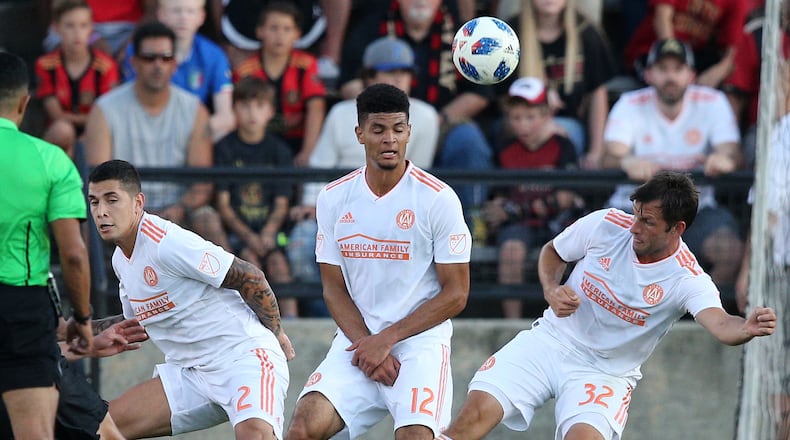 June 6, 2018 Kennesaw: Atlanta United players Franco Escobar (from left), Miles Robinson, and Kevin Kratz defend against Charleston Battery during the first half in a U.S. Open Cup match on Wednesday, June 6, 2018, in Kennesaw. Curtis Compton/ccompton@ajc.com