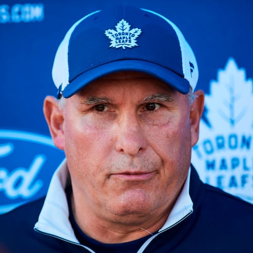 FILE - Toronto Maple Leafs head coach Craig Berube speaks to media during NHL hockey training camp in Toronto, Sept. 18, 2025. (Sammy Kogan/The Canadian Press via AP, File)
