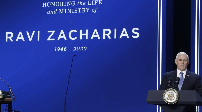 Vice President Mike Pence speaks at Passion City Church during a memorial service for evangelist and Christian apologist Ravi Zacharias on Friday, May 29, 2020, in Atlanta. The two had known each other for a number of years. AP PHOTO / BRYNN ANDERSON