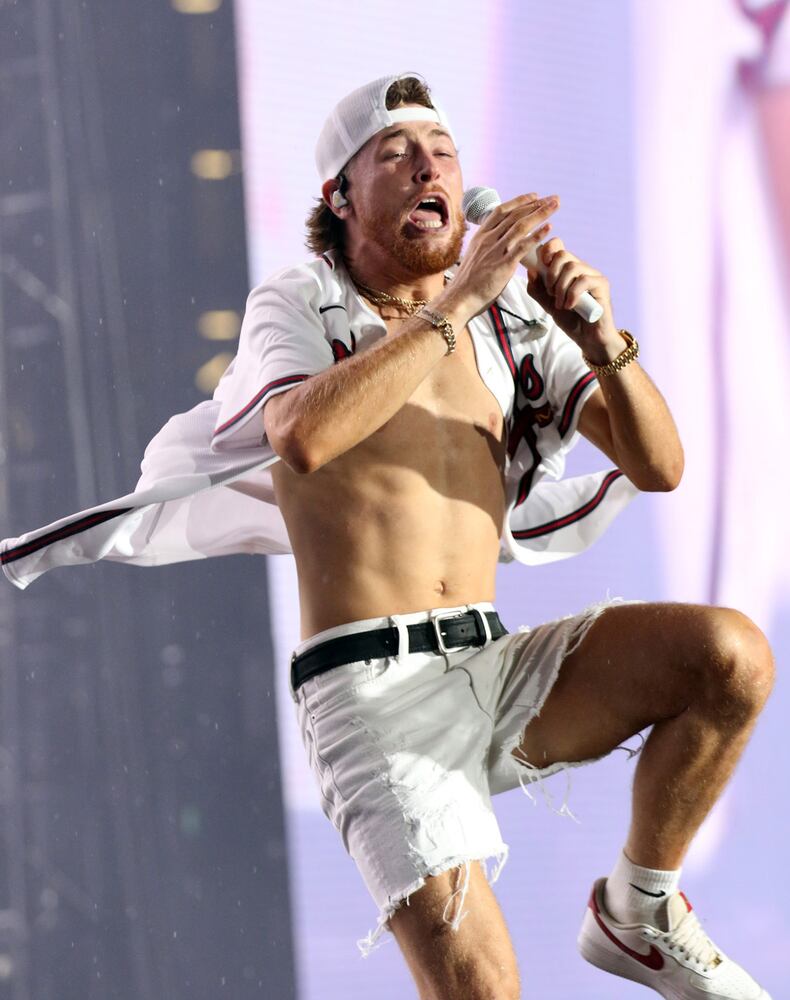 - Bailey Zimmerman performs
Luke Bryan rocked rainy and sold out Truist Park on Saturday, August 17, 2024 on his Mind of a Country Boy Tour. His support acts were Bailey Zimmerman, Kameron Marlowe and American Idol winner Chayce Beckham. 
Robb Cohen for the Atlanta Journal-Constitution
