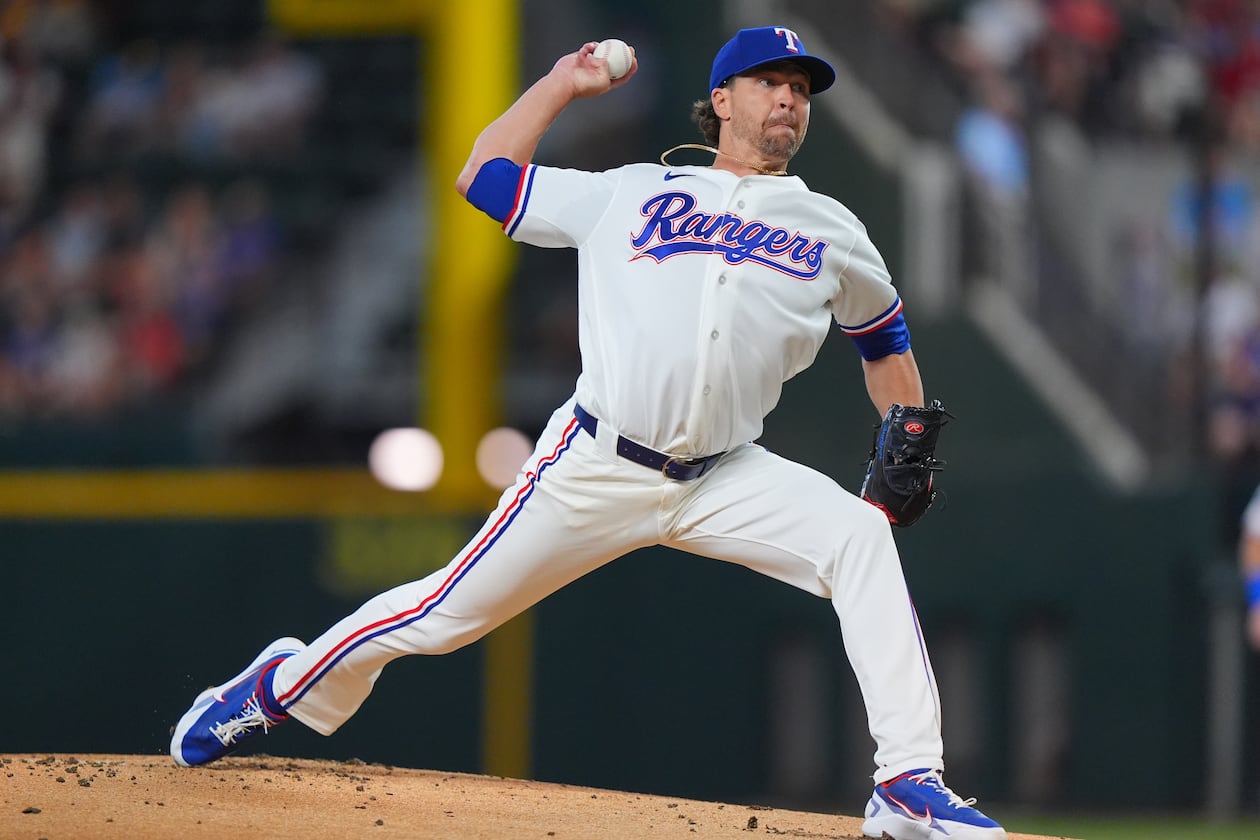 Texas Rangers starting pitcher Jacob deGrom throws during the first inning of a baseball game against the Baltimore Orioles, Saturday, Aug. 8, 2026, in Arlington, Texas. (LM Otero/AP)
