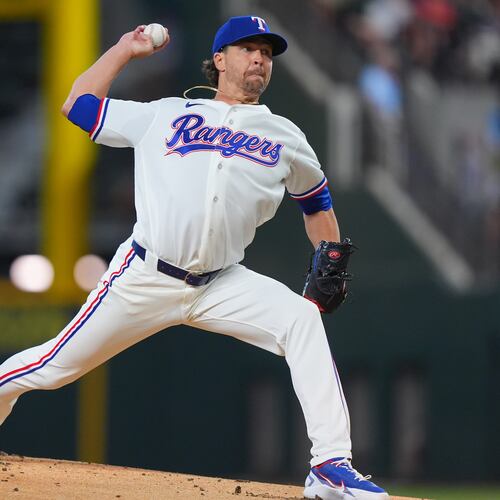 Texas Rangers starting pitcher Jacob deGrom throws during the first inning of a baseball game against the Baltimore Orioles, Saturday, Aug. 8, 2026, in Arlington, Texas. (LM Otero/AP)