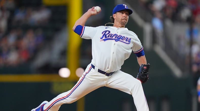 Texas Rangers starting pitcher Jacob deGrom throws during the first inning of a baseball game against the Baltimore Orioles, Saturday, Aug. 8, 2026, in Arlington, Texas. (LM Otero/AP)