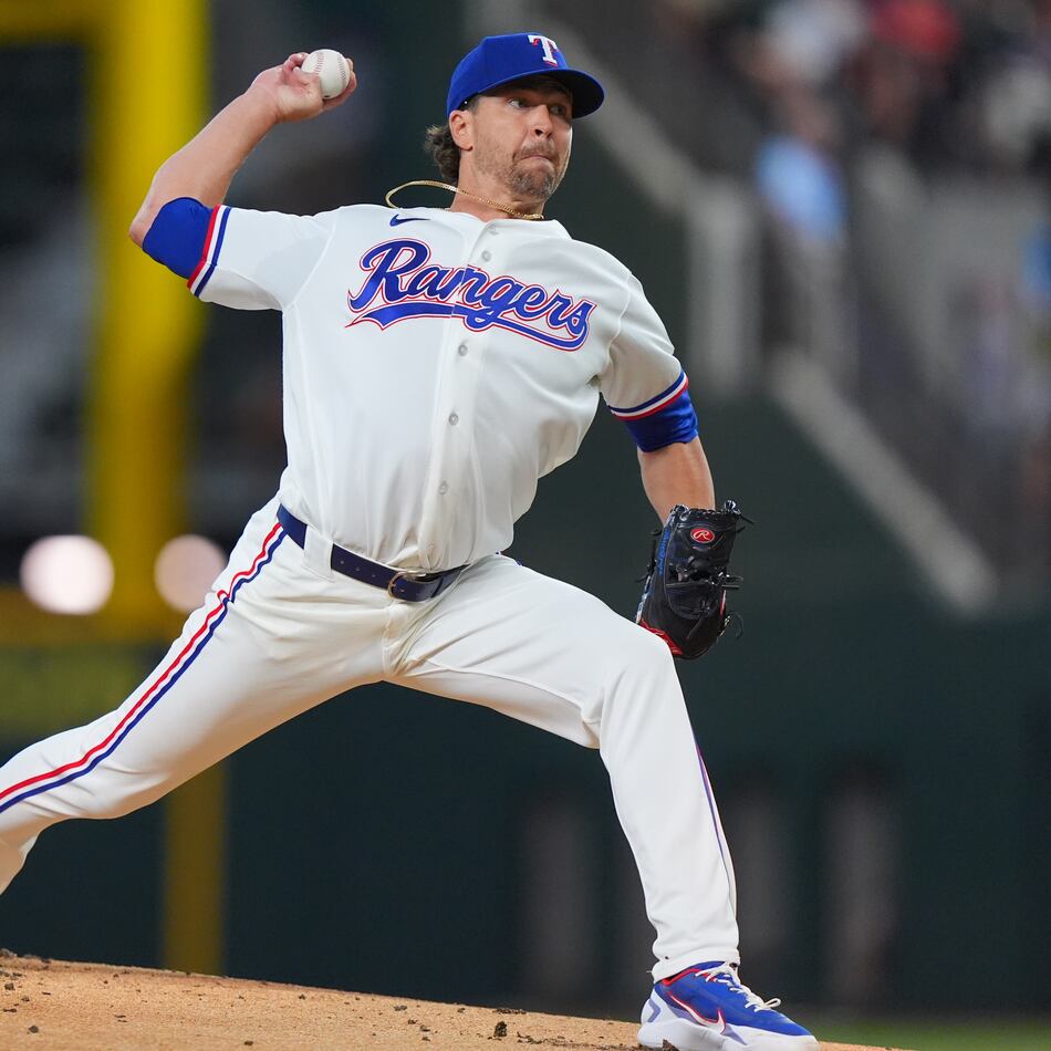 Texas Rangers starting pitcher Jacob deGrom throws during the first inning of a baseball game against the Baltimore Orioles, Saturday, Aug. 8, 2026, in Arlington, Texas. (LM Otero/AP)